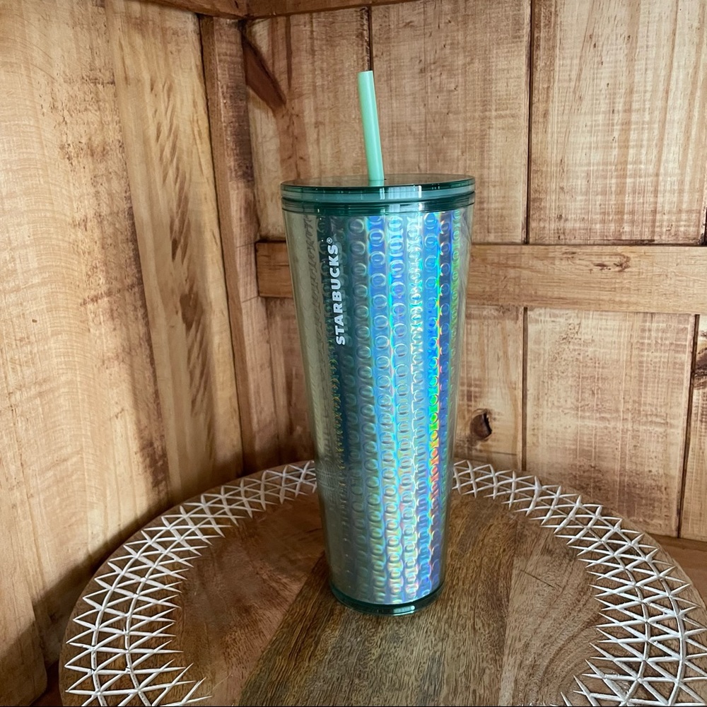 NWT Starbucks Iridescent Disco Dot 24 ounce Venti Tumbler in mint green.